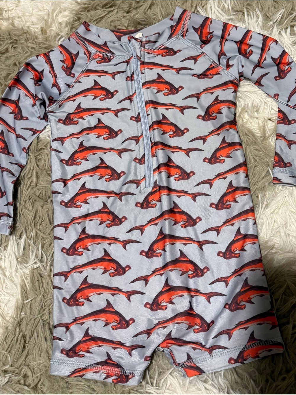 kate quinn Long-Sleeve Swim Romper in Light Gray and Red Fish Print